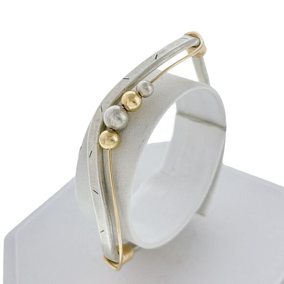 Vintage Southwest Sterling Silver Two Toned Ball Bead Wavy Cuff Bracelet 5.5" - Picture 4 of 11